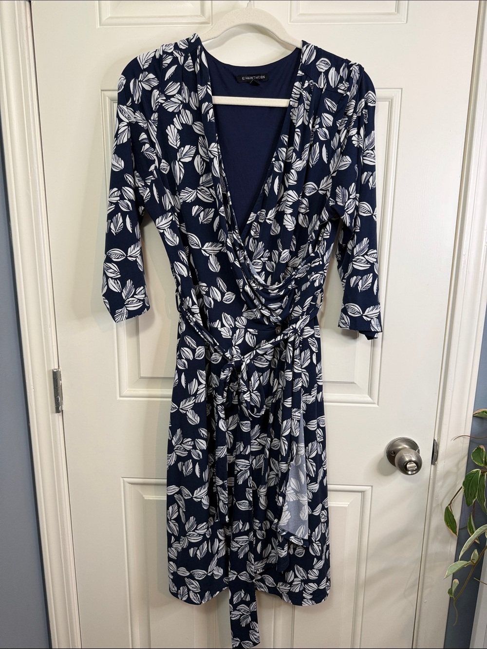 41 Hawthorn Navy Faux Wrap Dress with White Leaf Print XXL